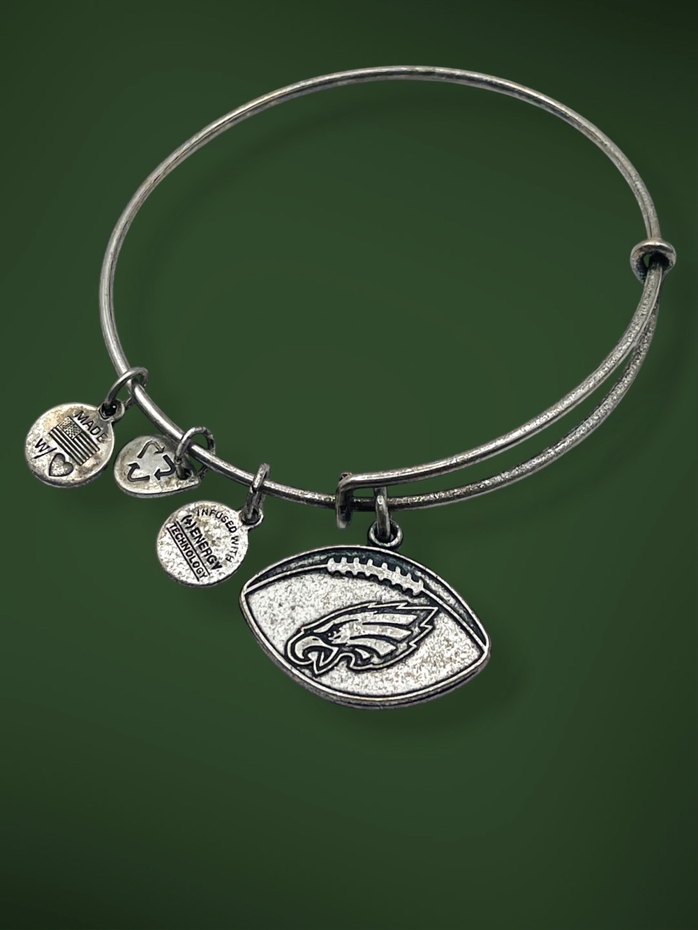Alex and Ani NFL Philadelphia Eagles Football Charm Bangle Bracelet Silver Tone